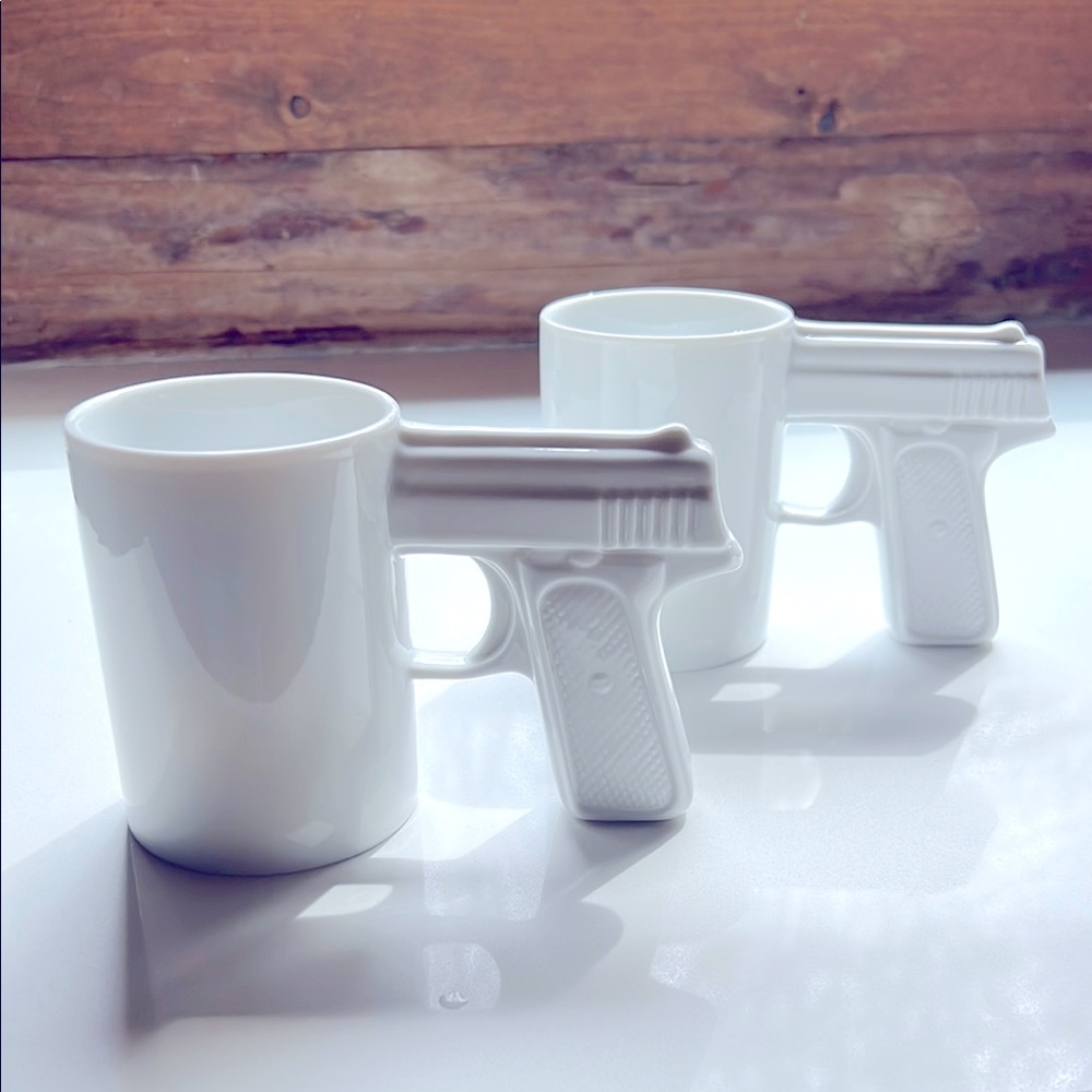 White Ceramic Gun Handle Coffee Mugs (Set of 7)